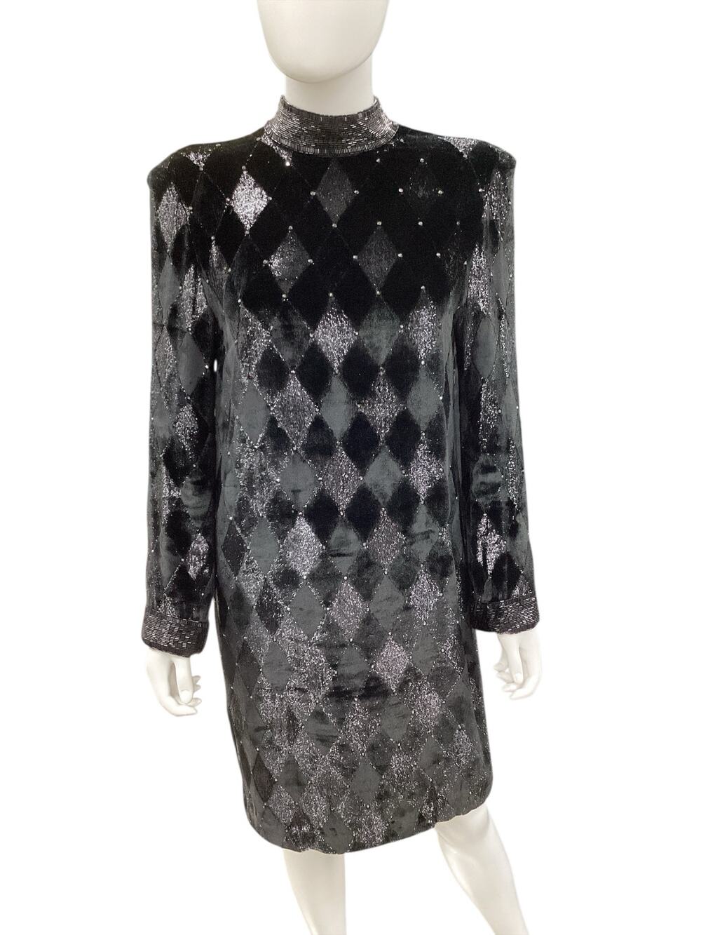 Vintage Dress Women’s SZ S/M Long Sleeve Beaded Neckline And Cuffs Shimmer Black